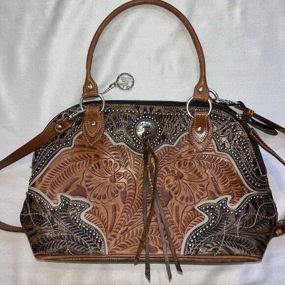 American West Country Western Hand Tooled Leather Purse Satchel Shoulder Bag‎ - Picture 1 of 10